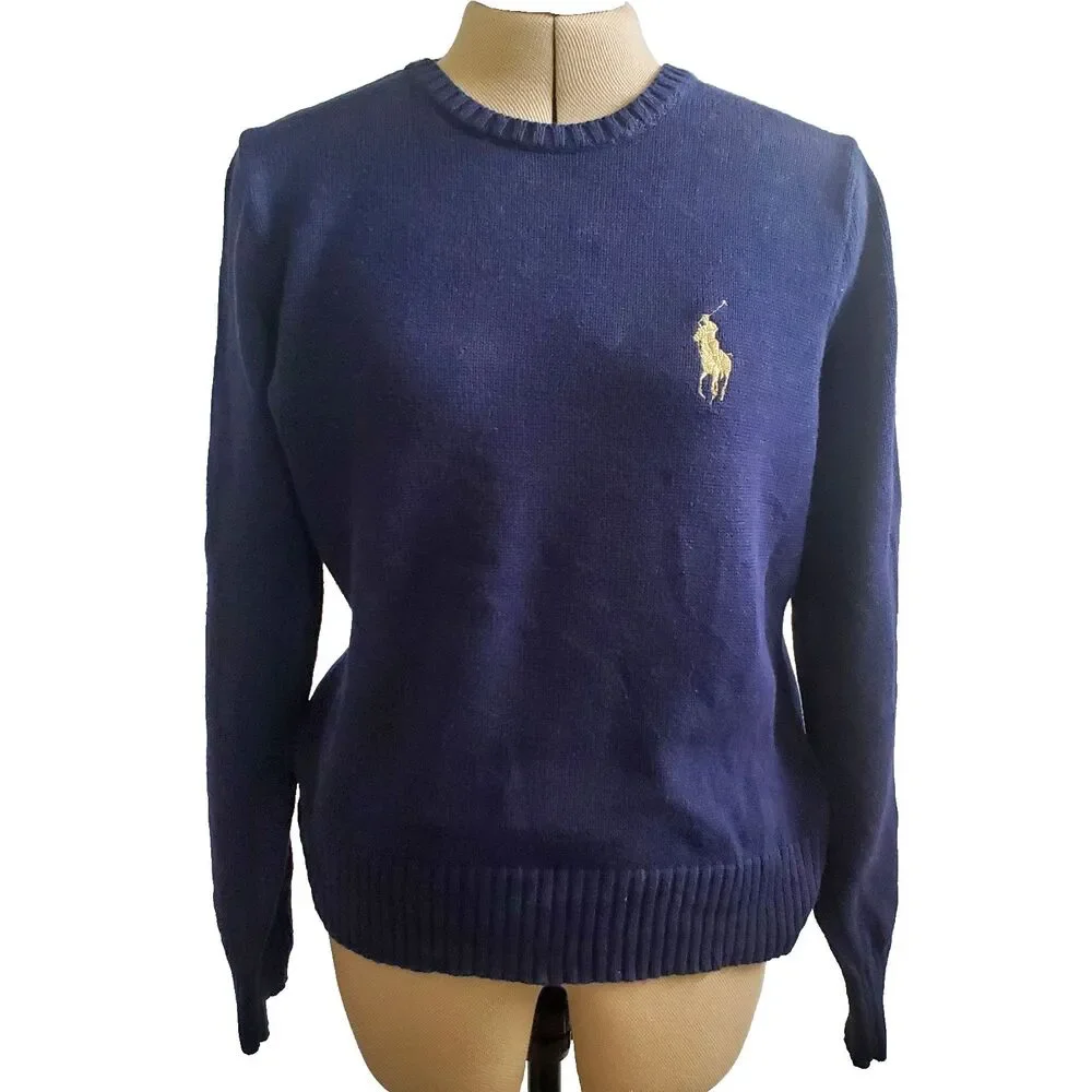 Ralph Lauren Women's Sweater Size XL Navy Gold Racing Stripe Cotton Pony Logo - Picture 2 of 6